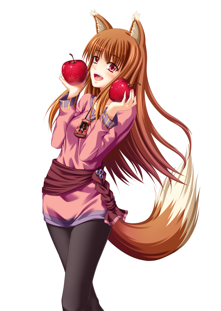 tomifumi, holo, spice and wolf, 00s, 1girl, animal ears, apple, brown hair, female focus, food, fruit, long hair, red eyes, solo, tail, wolf ears, wolf tail