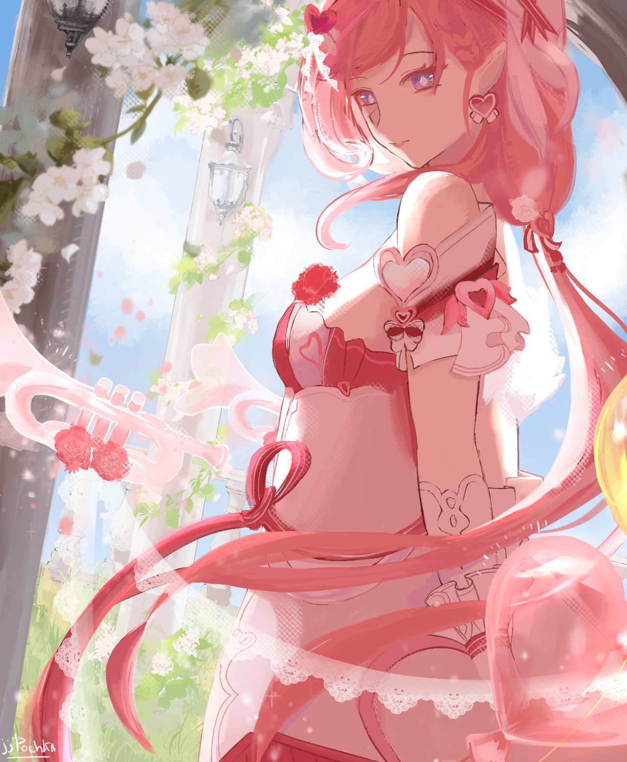 elysia (hi love elf) (honkai impact), elysia (honkai impact), honkai (series), honkai impact 3rd, commentary, english commentary, highres, 1girl, artist name, blue sky, breasts, diamond-shaped pupils, diamond (shape), dress, earrings, elf, flower, from side, heart, heart earrings, instrument, jewelry, jj pchka, large breasts, long hair, looking at viewer, pink hair, pointy ears, purple eyes, rose, sky, solo, stone pillar, symbol-shaped pupils, trumpet, very long hair, white dress, white flower, white rose
