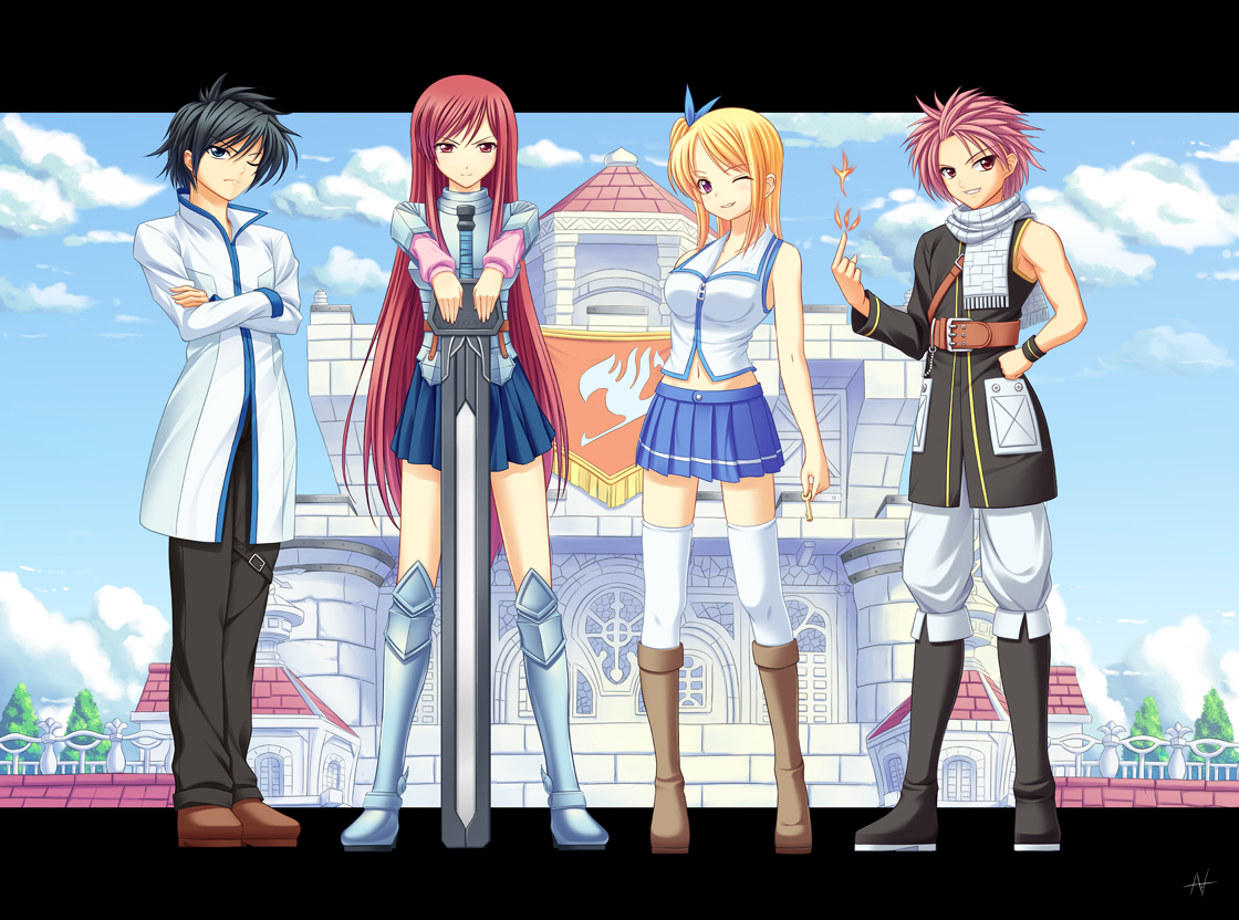 athrun1120, erza scarlet, gray fullbuster, lucy heartfilia, natsu dragneel, fairy tail, bad id, bad pixiv id, 00s, 2boys, 2girls, black hair, blonde hair, blue eyes, multiple boys, multiple girls, red eyes, red hair, skirt, sword, thighhighs, weapon, wink