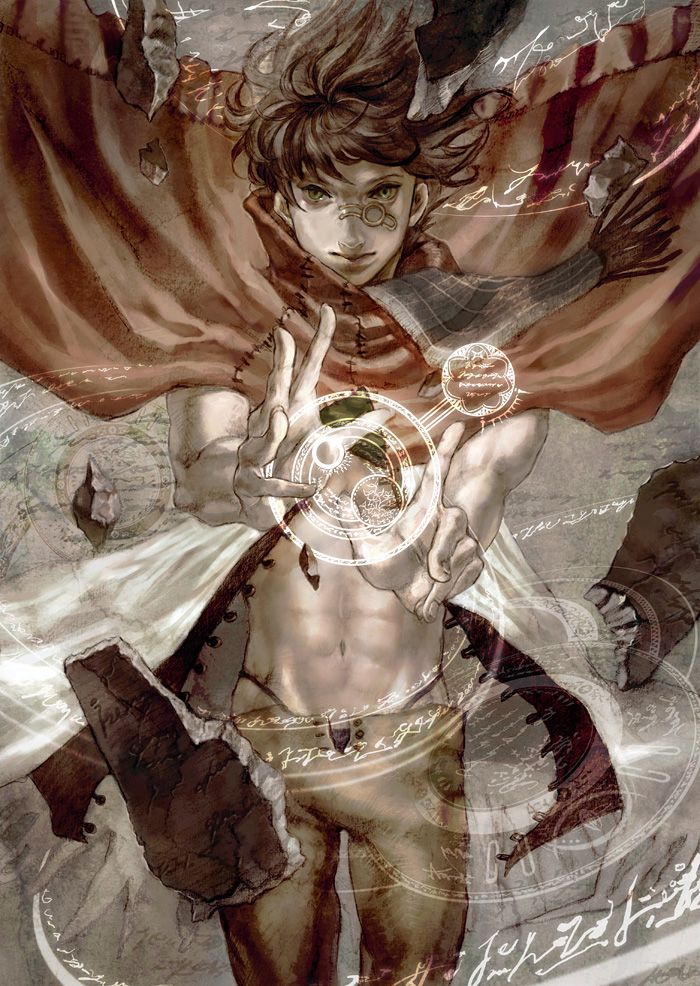 yoshimura hitomi, original, bad id, bad pixiv id, 1boy, cape, cloak, fantasy, magic circle, magician, male focus, scarf, solo