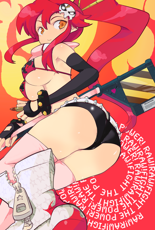 nanasuke, yoko littner, tengen toppa gurren lagann, 00s, 1girl, anti-materiel rifle, ass, bikini, bikini top only, black bikini, breasts, cleavage, elbow gloves, female focus, fingerless gloves, gloves, gun, hair ornament, large breasts, long hair, midriff, ponytail, red hair, rifle, scarf, shorts, sideboob, sniper rifle, solo, swimsuit, thighhighs, underboob, weapon, yellow eyes