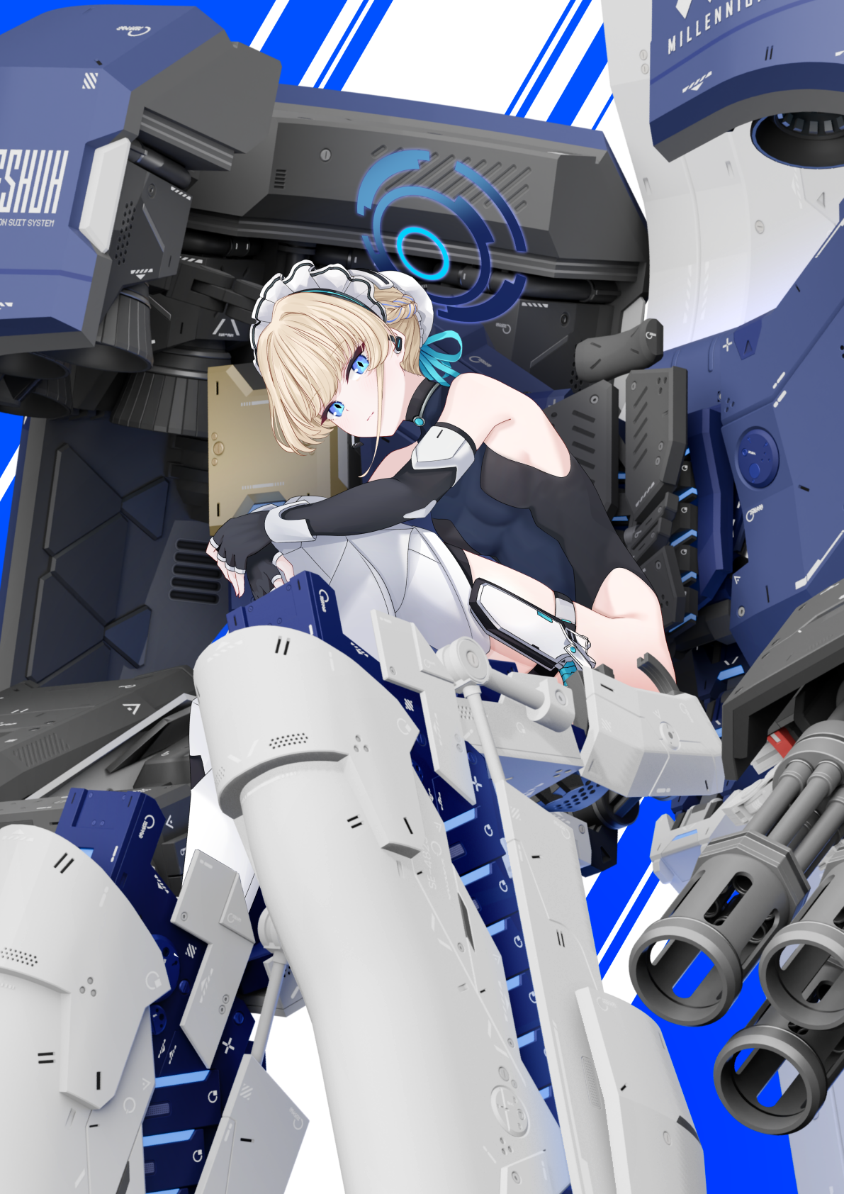 sarasadou dan, toki (abi-eshuh) (blue archive), toki (blue archive), blue archive, highres, black gloves, blonde hair, blue eyes, blue halo, blue leotard, braid, bun cover, earpiece, elbow gloves, exoskeleton, expressionless, externally piloted mecha, fingerless gloves, gloves, hair bun, half up braid, halo, halter leotard, halterneck, heattech leotard, leotard, maid headdress, mecha, mecha pilot suit, multicolored leotard, robot, sleeveless, sleeveless turtleneck, turtleneck, two-tone leotard