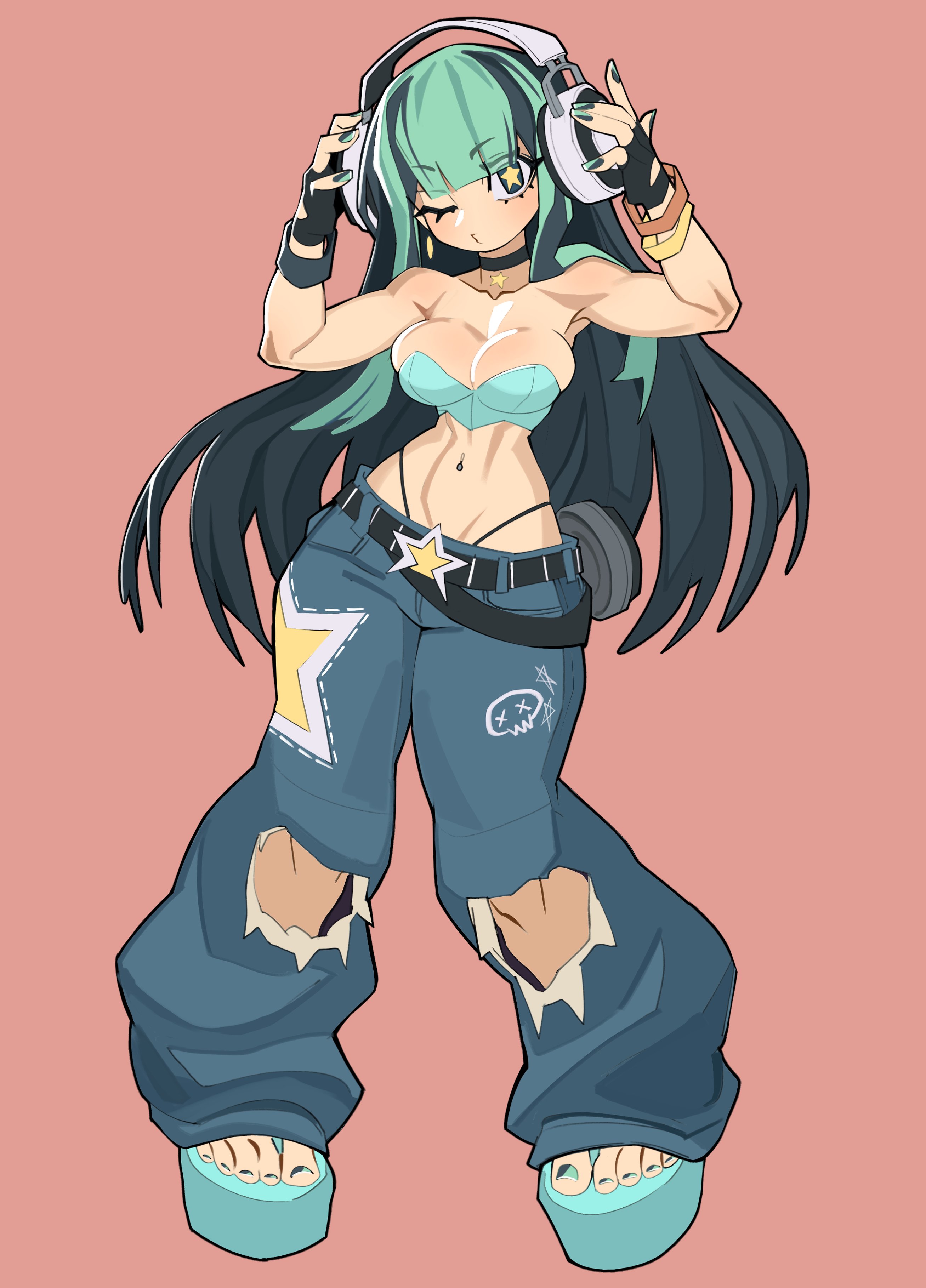 nezo, original, absurdres, commentary, highres, symbol-only commentary, 1girl, bare arms, belt, black belt, black choker, black gloves, blue eyes, blue hair, blue pants, blue sandals, blunt bangs, breasts, choker, closed mouth, collarbone, crop top, denim, fingerless gloves, full body, gloves, hands on headphones, headphones, jeans, large breasts, long hair, looking at viewer, multicolored hair, navel, navel piercing, nova (exnezo), one eye closed, pants, piercing, pink background, platform sandals, puckered lips, sandals, simple background, solo, standing, star-shaped pupils, star (symbol), star choker, stomach, symbol-shaped pupils, toes, torn clothes, torn pants, two-tone hair