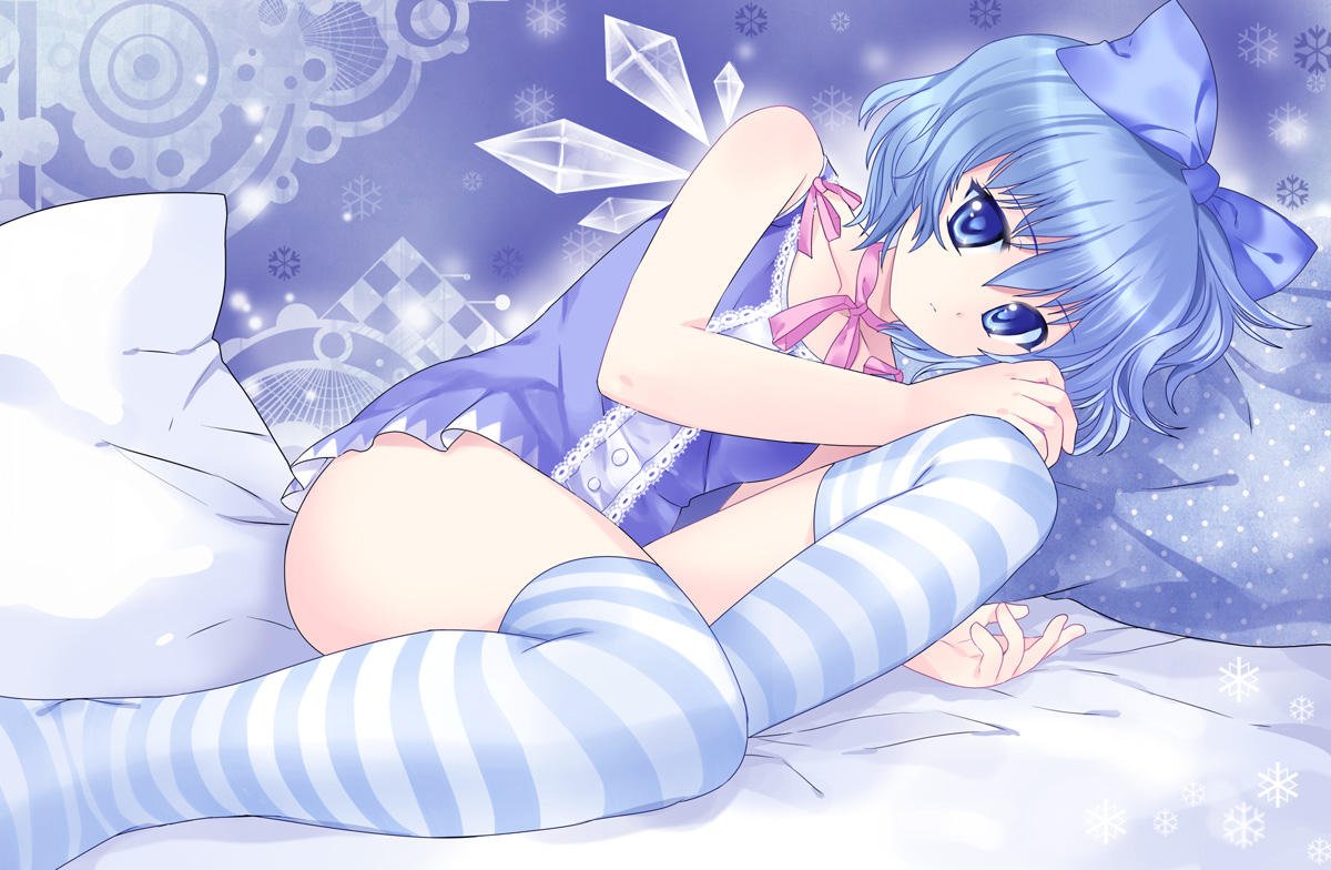 pico (picollector79), cirno, touhou, bad id, bad pixiv id, 1girl, adapted costume, blue eyes, blue hair, blue theme, bow, choker, female focus, lingerie, looking at viewer, lying, matching hair/eyes, nightgown, on side, ribbon, ribbon choker, short hair, solo, striped clothes, striped thighhighs, thighhighs, underwear