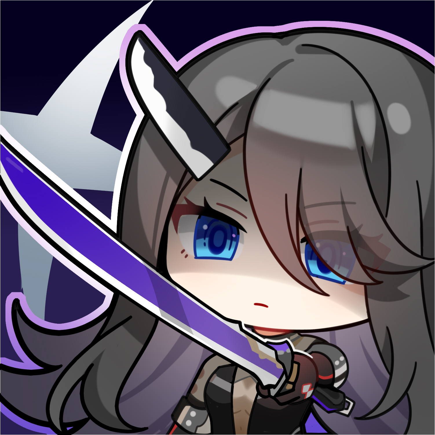 phaetusa (girls' frontline 2), girls' frontline, girls' frontline 2: exilium, artist request, highres, official art, second-party source, 1girl, black hair, blue eyes, chibi, chibi only, holding, holding sword, holding weapon, horns, light frown, long hair, partially shaded face, single horn, solo, sword, weapon