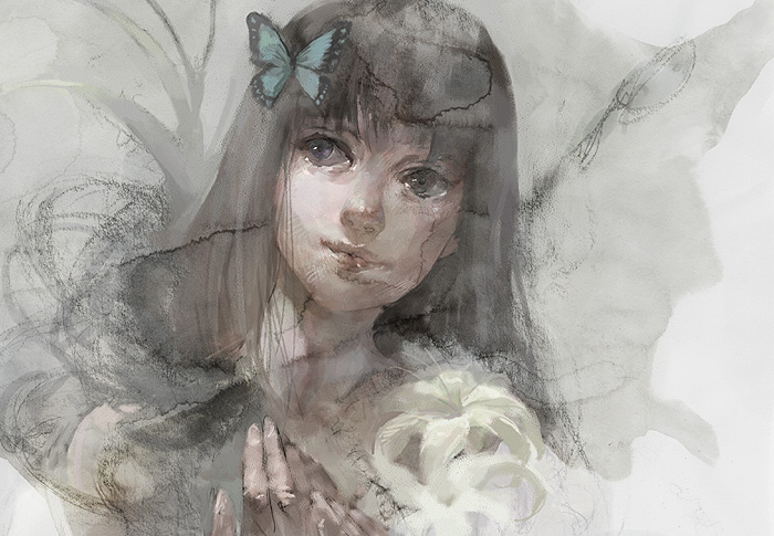 yoshimura hitomi, original, looking away, 1girl, bug, butterfly, female focus, flower, portrait, solo