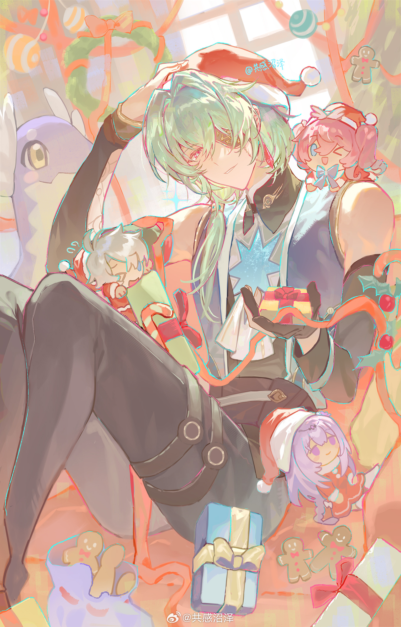 anaxa (honkai: star rail), castorice (honkai: star rail), hyacine (honkai: star rail), phainon (honkai: star rail), honkai: star rail, honkai (series), chinese commentary, commentary request, highres, 2boys, 2girls, aqua hair, bare shoulders, black pants, blue vest, candy, candy cane, character doll, christmas, collared shirt, detached sleeves, doll, earrings, eyepatch, food, gift, gingerbread man, gonggan zhaoze, hand on own head, hat, holding, holding gift, jewelry, long hair, looking at viewer, male focus, multiple boys, multiple girls, one eye covered, pants, red eyes, red ribbon, ribbon, santa hat, shirt, sitting, solo focus, thigh strap, vest, watermark, weibo watermark, wreath