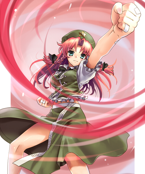 katahira masashi, hong meiling, immaterial and missing power, touhou, 1girl, braid, china dress, chinese clothes, clenched hand, clenched hands, dress, female focus, green eyes, hat, long hair, red hair, solo, twin braids