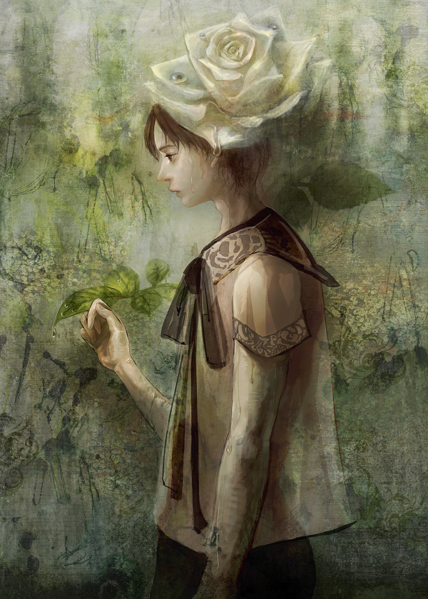 yoshimura hitomi, original, bad id, bad pixiv id, flower, profile, rose, solo, tears, water drop