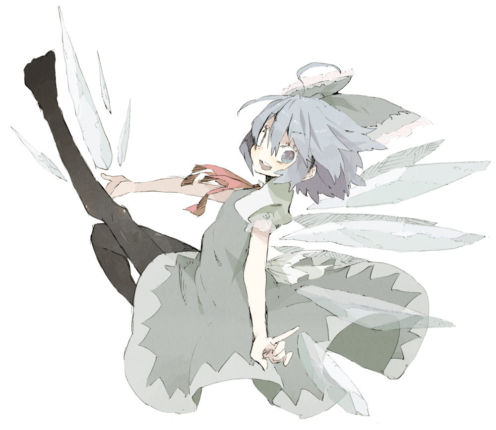 abara heiki, cirno, embodiment of scarlet devil, touhou, 1girl, ahoge, black pantyhose, blue eyes, blue hair, bow, female focus, hair between eyes, hair bow, matching hair/eyes, pantyhose, solo, wings