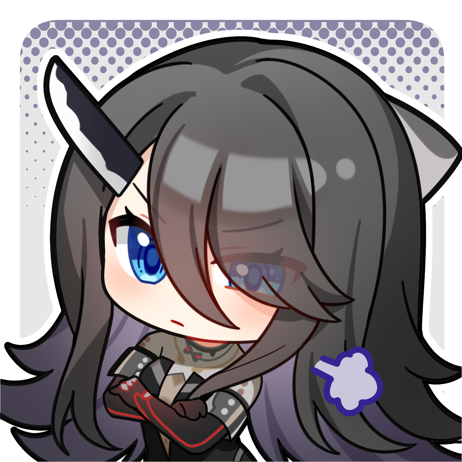 phaetusa (girls' frontline 2), girls' frontline, girls' frontline 2: exilium, artist request, highres, official art, second-party source, 1girl, black hair, blue eyes, chibi, chibi only, crossed arms, furrowed brow, horns, long hair, looking at viewer, puff of air, single horn, solo