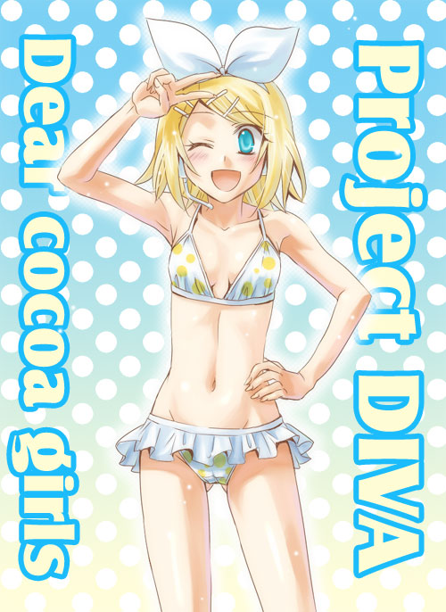 arihara ema, kagamine rin, project diva, project diva (series), vocaloid, bad id, bad pixiv id, 1girl, ;d, arm up, armpits, bikini, bikini skirt, blonde hair, blue eyes, blush, bow, breasts, cameltoe, collarbone, cowboy shot, female focus, hair bow, hair ornament, hand on own hip, hip focus, looking at viewer, microphone, navel, one eye closed, open mouth, polka dot, polka dot background, polka dot bikini, polka dot swimsuit, short hair, small breasts, smile, solo, swimsuit, text focus, v, wink