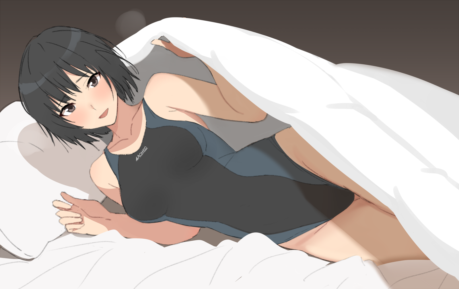 mobu, nanasaki ai, amagami, commentary request, highres, 1girl, :d, bed, bed sheet, black eyes, black hair, black one-piece swimsuit, blush, bob cut, breasts, competition swimsuit, heavy breathing, highleg, highleg one-piece swimsuit, looking at viewer, medium breasts, one-piece swimsuit, open mouth, pillow, short hair, simple background, smile, solo, swimsuit, two-tone one-piece swimsuit, two-tone swimsuit, under covers