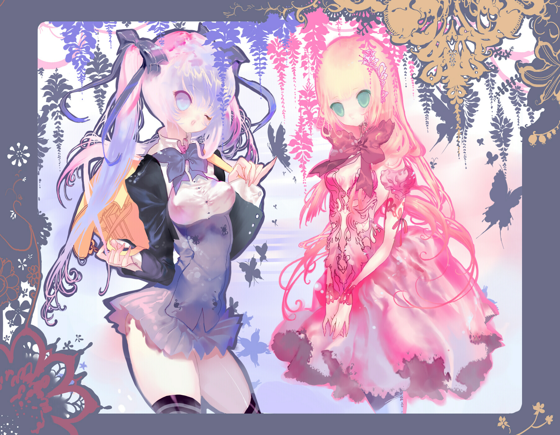 cosmos (the crying moon), sayuri (pixiv355386), original, bad id, bad pixiv id, highres, 2girls, blonde hair, blue eyes, blue hair, flower, long hair, miniskirt, multiple girls, skirt, thighhighs, twintails