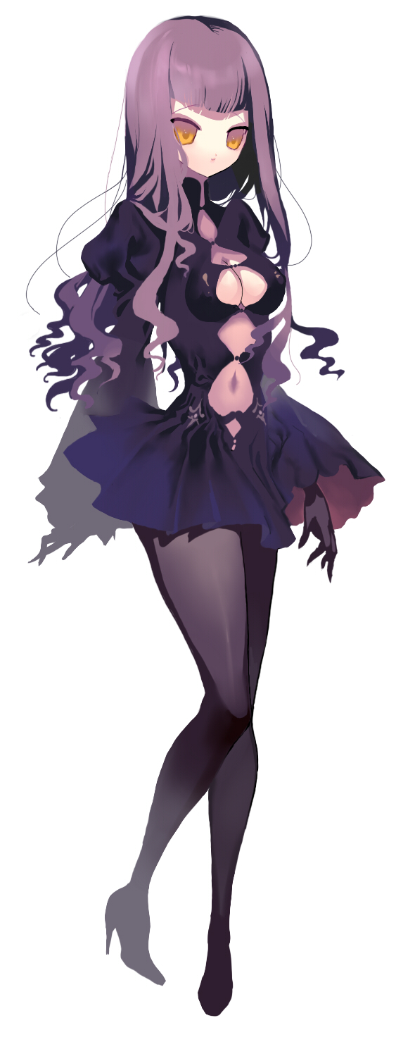 cosmos (the crying moon), sayuri (pixiv355386), original, bad id, bad pixiv id, highres, 1girl, black hair, breasts, cleavage, female focus, full body, high heels, large breasts, miniskirt, navel, pantyhose, shoes, simple background, skirt, solo, standing, yellow eyes