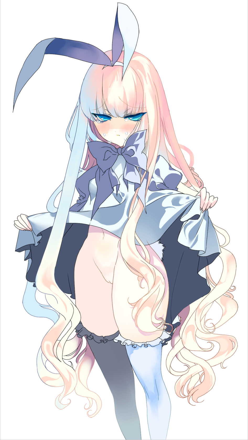 cosmos (the crying moon), sayuri (pixiv355386), amae koromo, saki (manga), bad id, bad pixiv id, highres, 00s, 1girl, animal ears, blonde hair, blue eyes, bow, bowtie, clothes lift, curly hair, dress, dress lift, fake animal ears, female focus, groin, hairband, hip focus, long hair, no panties, pussy, rabbit ears, simple background, skirt, skirt lift, solo, tears, thighhighs, thighs, very long hair