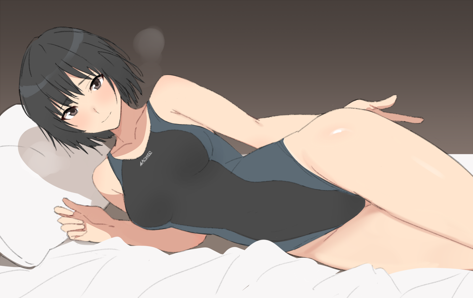 mobu, nanasaki ai, amagami, commentary request, highres, 1girl, bed, bed sheet, black eyes, black hair, black one-piece swimsuit, blush, bob cut, breasts, competition swimsuit, heavy breathing, highleg, highleg one-piece swimsuit, looking at viewer, medium breasts, one-piece swimsuit, pillow, shiny skin, short hair, simple background, smile, solo, swimsuit, two-tone one-piece swimsuit, two-tone swimsuit