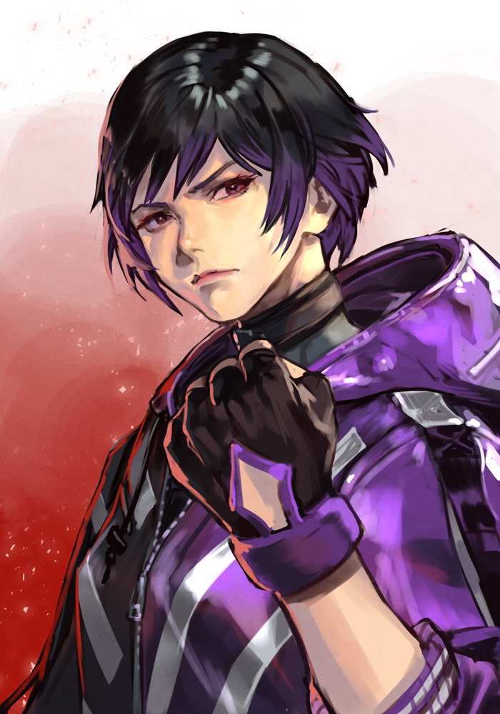 hungry clicker, reina (tekken), tekken, tekken 8, 1girl, black gloves, black hair, clenched hand, closed mouth, fingerless gloves, gloves, jacket, multicolored hair, purple eyes, purple hair, purple jacket, serious, short hair, solo, two-tone hair
