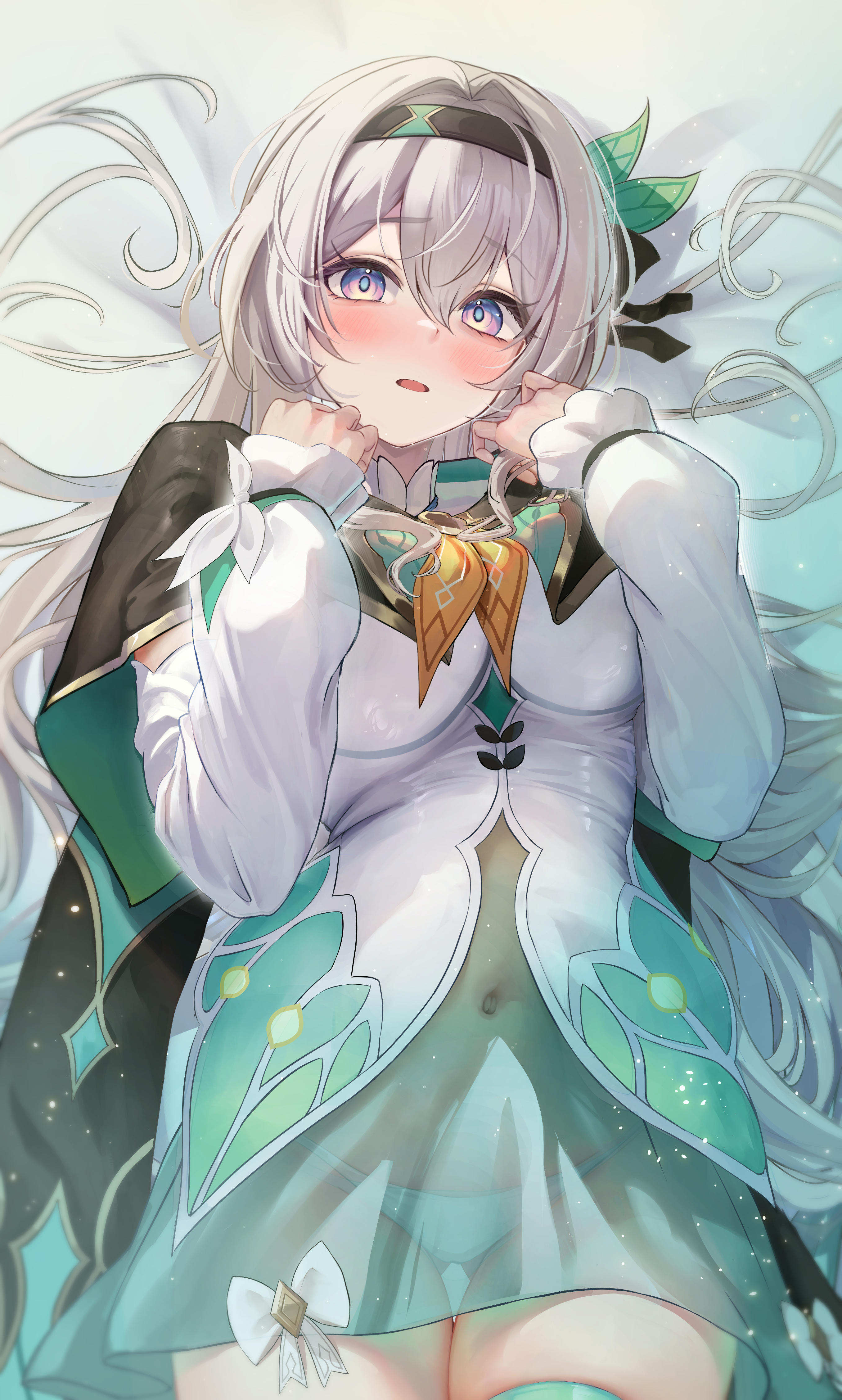 otabaaa, firefly (honkai: star rail), honkai: star rail, honkai (series), absurdres, highres, 1girl, black hairband, black jacket, blue eyes, blush, breasts, covered navel, grey hair, hairband, jacket, long hair, long sleeves, looking at viewer, medium breasts, multicolored eyes, panties, parted lips, pink eyes, shirt, solo, underwear, white panties, white shirt