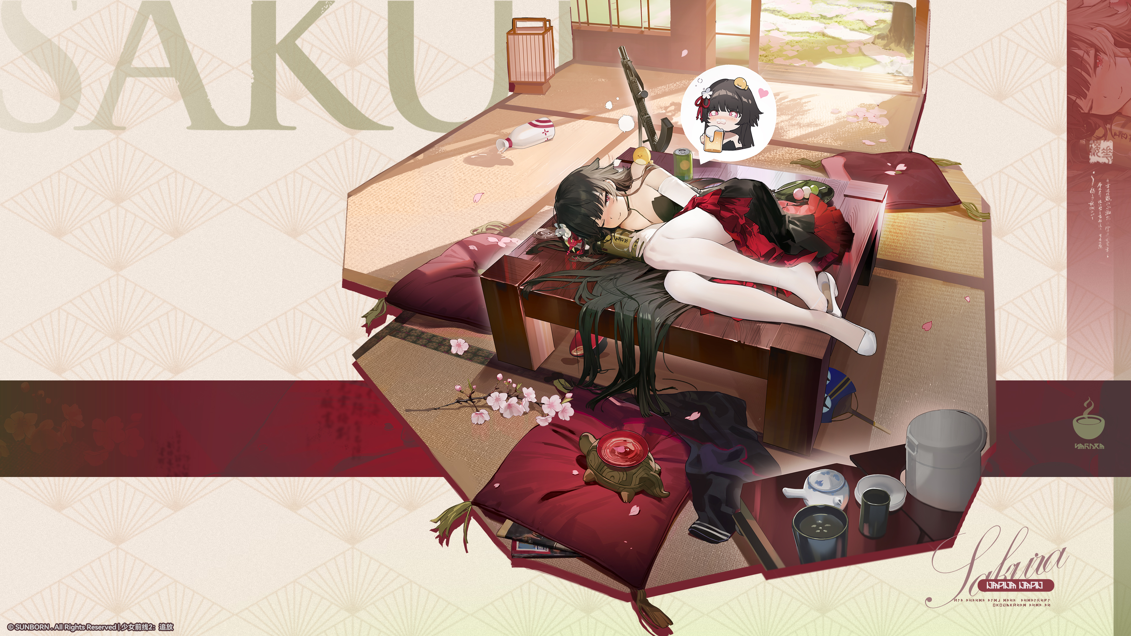 type 100 (girls' frontline), type 100 (tale of the butterflies) (girls' frontline), girls' frontline, girls' frontline 2: exilium, absurdres, artist request, highres, official art, official wallpaper, 1girl, black dress, black hair, blush, bottle, breasts, cherry blossoms, cup, dress, gun, hair flowing over, hair spread out, long hair, pillow, ppsh-41, red eyes, sakura (girls' frontline 2), shoes, socks, solo, submachine gun, weapon, white shoes, white socks, wine bottle
