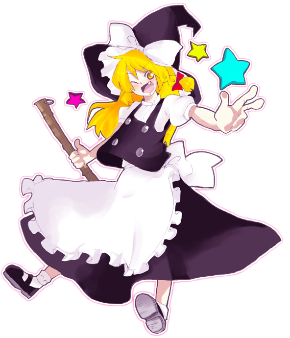 runatako, kirisame marisa, touhou, 1girl, blonde hair, braid, broom, female focus, full body, hat, long hair, simple background, solo, v, white background, witch, witch hat, yellow eyes