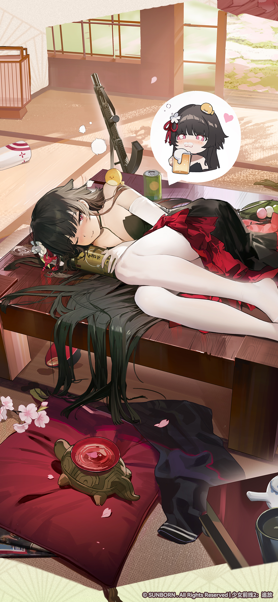 type 100 (girls' frontline), type 100 (tale of the butterflies) (girls' frontline), girls' frontline, girls' frontline 2: exilium, artist request, highres, official art, official wallpaper, 1girl, black dress, black hair, blush, bottle, breasts, cherry blossoms, cup, dress, gun, hair flowing over, hair spread out, long hair, pillow, ppsh-41, red eyes, sakura (girls' frontline 2), shoes, socks, solo, submachine gun, weapon, white shoes, white socks, wine bottle