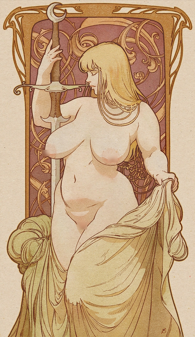the insaneum, original, 1girl, art nouveau, breasts, censored, closed eyes, curvy, large breasts, long hair, navel, nipples, nude, profile, sagging breasts, simple background, solo, sword, thick thighs, thighs, weapon, wide hips