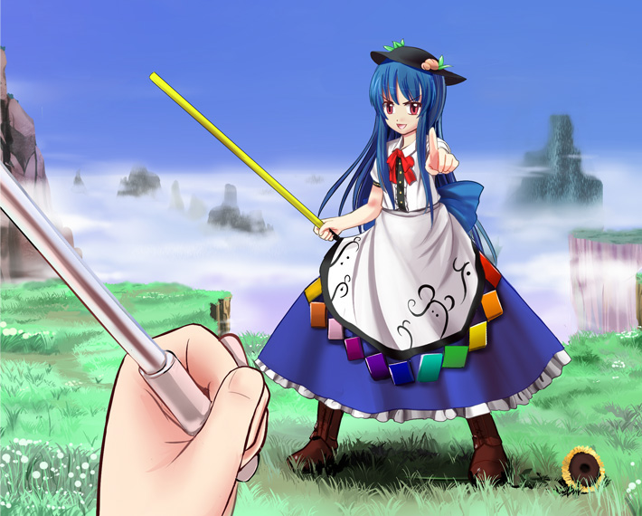 aw, hinanawi tenshi, kazami yuuka, touhou, bad id, bad pixiv id, 1girl, blue hair, female focus, flower, food, fruit, hat, long hair, peach, pov, red eyes, solo focus, sunflower, sword, sword of hisou, umbrella, weapon