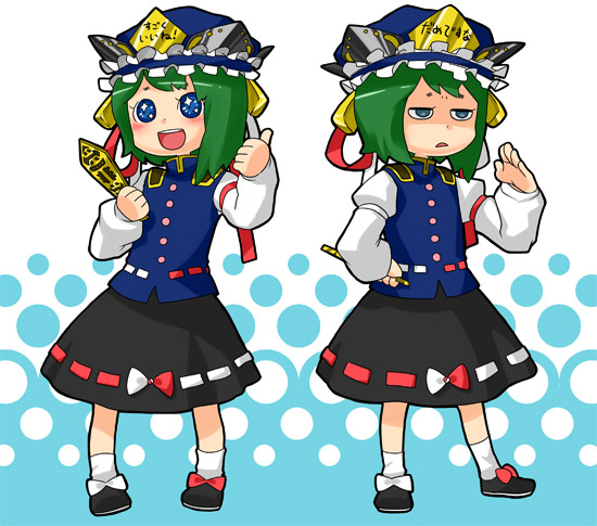 ebi (daidalwave), ebi (pixiv), shiki eiki, touhou, bad id, bad pixiv id, 1girl, blue eyes, chibi, dual persona, female focus, full body, green hair, hat, multiple views, rod of remorse, short hair, standing, white background