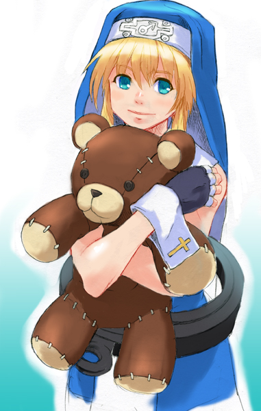 iwaya, bridget (guilty gear), roger (guilty gear), guilty gear, guilty gear xx, commentary, 1boy, bare arms, bare shoulders, black gloves, blonde hair, blue veil, blue vest, button eyes, buttons, closed mouth, cowboy shot, cross, cross print, fingerless gloves, gloves, gradient background, green eyes, guimpe, hair between eyes, holding, holding stuffed toy, hugging object, latin cross, light blush, light smile, long sidelocks, looking at viewer, male focus, mars symbol, object belt, outline, oversized object, print wrist cuffs, shirt, short hair with long locks, sidelocks, sleeveless, sleeveless shirt, stitches, stuffed animal, stuffed toy, teddy bear, trap, two-sided veil, veil, vest, white outline, white shirt, white wrist cuffs, wrist cuffs