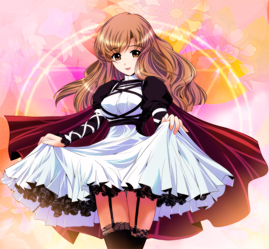 yamaguchi takashi, yamaguchi yuu, hijiri byakuren, touhou, lace-trimmed legwear, 1girl, brown eyes, brown hair, cape, clothes lift, dress, dress lift, female focus, garter belt, garter straps, gothic lolita, lace, lace trim, lifting own clothes, lolita fashion, long hair, petticoat, skirt, skirt hold, skirt lift, smile, solo, thighhighs