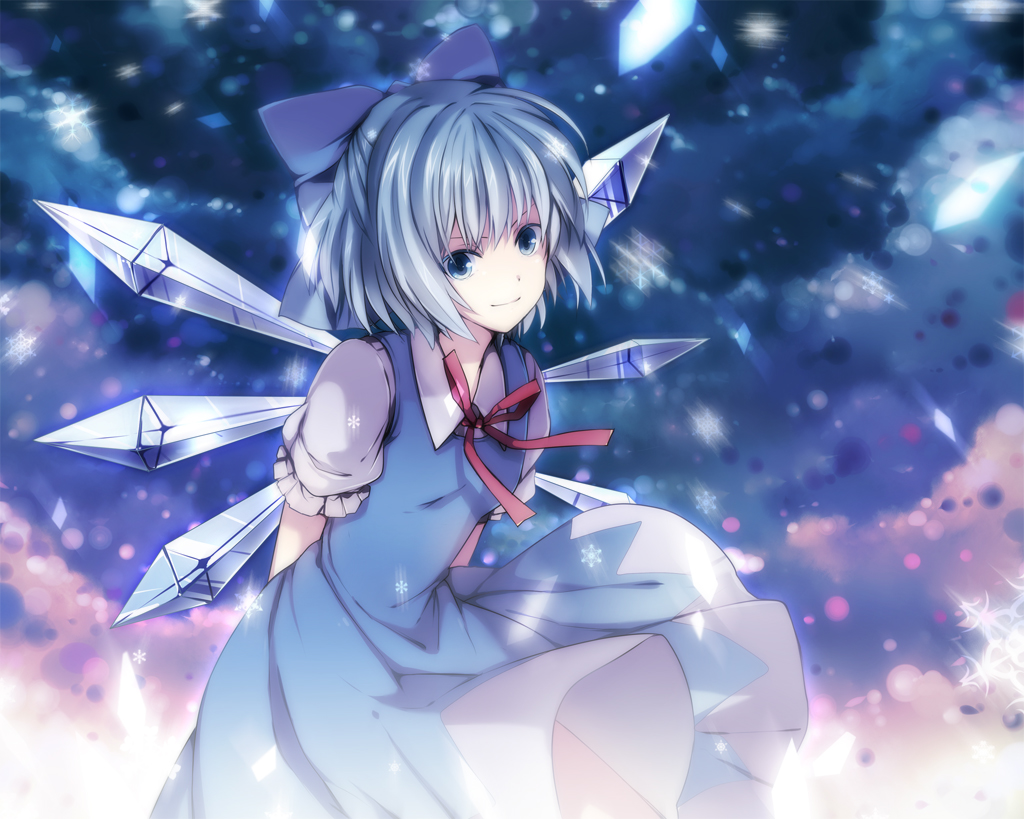 6u (eternal land), kiyu, cirno, embodiment of scarlet devil, touhou, bad id, bad pixiv id, 1girl, arms behind back, blue eyes, blue hair, bow, female focus, light smile, matching hair/eyes, short hair, snowflakes, solo, wind, wings