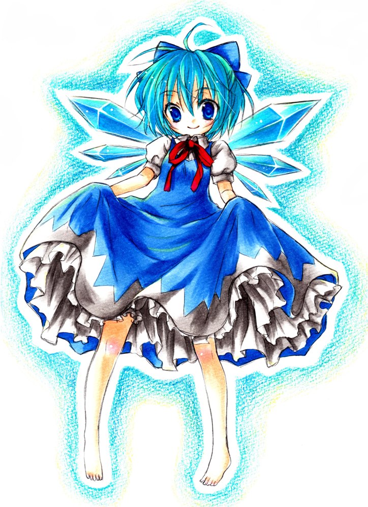 shinsui uri, cirno, embodiment of scarlet devil, touhou, traditional media, ahoge, barefoot, blue eyes, blue hair, bow, clothes lift, curtsey, feet, short hair, skirt, skirt hold, skirt lift, solo, wings