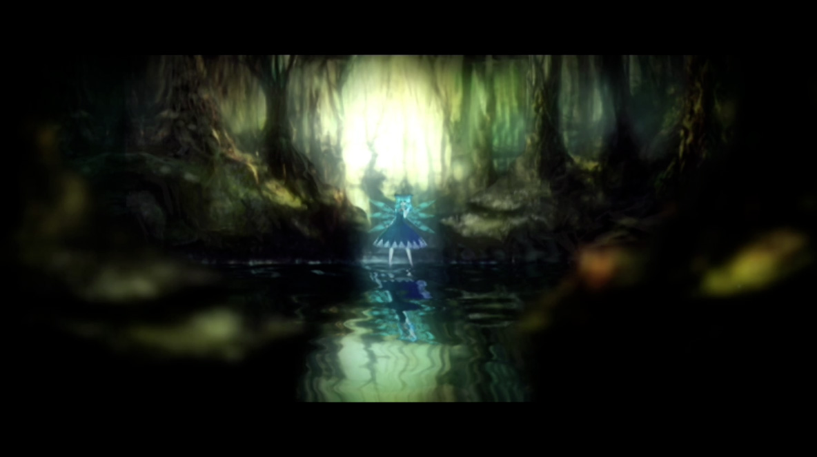 lm7 (op-center), cirno, embodiment of scarlet devil, touhou, light, screencap, bad id, bad pixiv id, blurry, dark, forest, letterboxed, nature, reflection, solo, sunlight