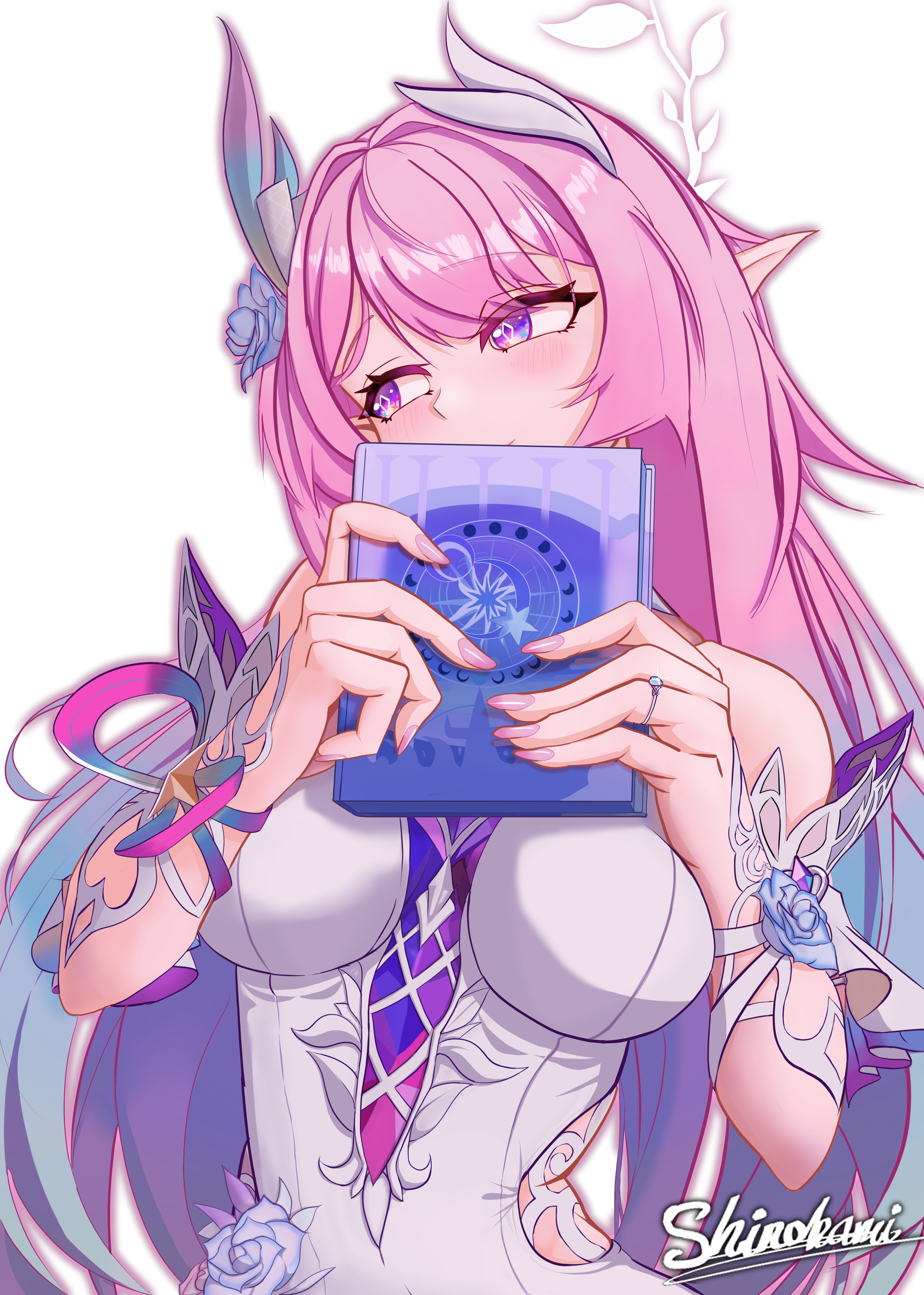 haoyitay, cyrene (honkai: star rail), honkai: star rail, honkai (series), absurdres, bilingual commentary, commentary, english commentary, highres, mixed-language commentary, 1girl, aqua hair, artist name, as i've written (honkai: star rail), bare shoulders, book, breasts, cyrene (demiurge) (honkai: star rail), diamond-shaped pupils, diamond (shape), flower, hair flower, hair ornament, holding, holding book, large breasts, long hair, multicolored hair, pink hair, pointy ears, purple eyes, simple background, symbol-shaped pupils, two-tone hair, very long hair, white background
