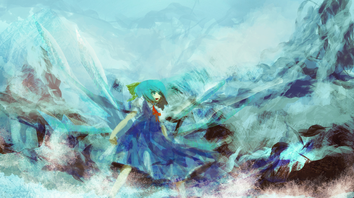 lm7 (op-center), cirno, touhou, touhou hisoutensoku, bad id, bad pixiv id, 1girl, female focus, ice, outdoors, sky, solo, wings