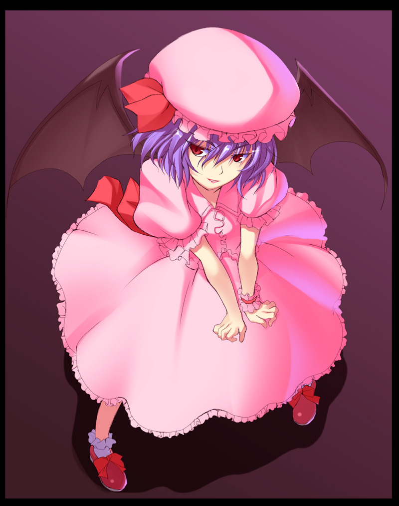 takeda aranobu, remilia scarlet, touhou, 1girl, bat wings, female focus, full body, gradient background, hat, purple hair, red eyes, short hair, solo, wings