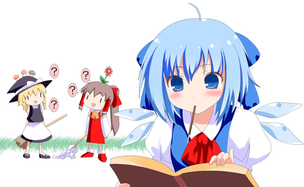 namamo nanase, cirno, hakurei reimu, kirisame marisa, embodiment of scarlet devil, touhou, 3girls, ?, ahoge, blonde hair, blue eyes, blue hair, blush, book, bow, braid, broom, brown hair, detached sleeves, flower, food, hat, japanese clothes, miko, multiple girls, mushroom, open book, open mouth, pocky, reading, role reversal, short hair, speech bubble, wings, witch, witch hat