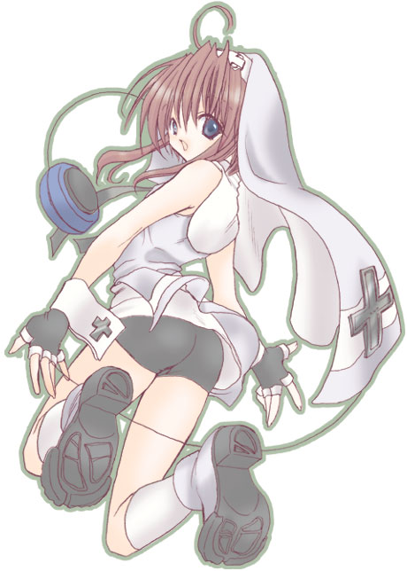 ueda kiku, bridget (guilty gear), guilty gear, guilty gear xx, commentary, 1boy, ahoge, alternate color, ankle boots, arms at sides, bare arms, bare shoulders, bike shorts, black ribbon, black shorts, blue eyes, boots, brown hair, cross, cross print, feet up, from behind, full body, green outline, guimpe, jumping, kneehighs, long sidelocks, looking at viewer, looking back, male focus, midair, neck ribbon, nun, official alternate color, open hands, open mouth, outline, player 2, ribbon, shirt, shoe soles, short hair, short hair with long locks, shorts, sidelocks, simple background, sleeveless, sleeveless shirt, socks, solo, throwing yo-yo, trap, two-sided veil, veil, vest, white background, white boots, white shirt, white socks, white trim, white veil, white vest, yo-yo