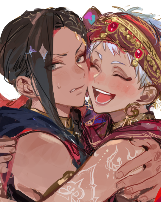 kuzuvine, jamil viper, kalim al-asim, twisted wonderland, 2boys, arabian clothes, arm around shoulder, arm tattoo, armlet, blush, braid, brown hair, cheek-to-cheek, closed eyes, earrings, grey eyes, heads together, jewelry, long hair, looking to the side, male focus, multiple boys, nervous sweating, open mouth, piercing, sideways glance, simple background, sleeveless, smile, sweat, tattoo, teeth, upper body, white background, white hair