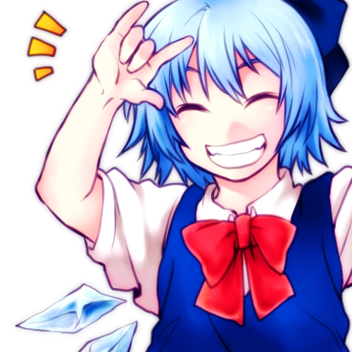re ghotion, cirno, embodiment of scarlet devil, touhou, bad id, bad pixiv id, lowres, ^ ^, blue hair, bow, closed eyes, grin, m/, ribbon, short hair, smile, solo, wings