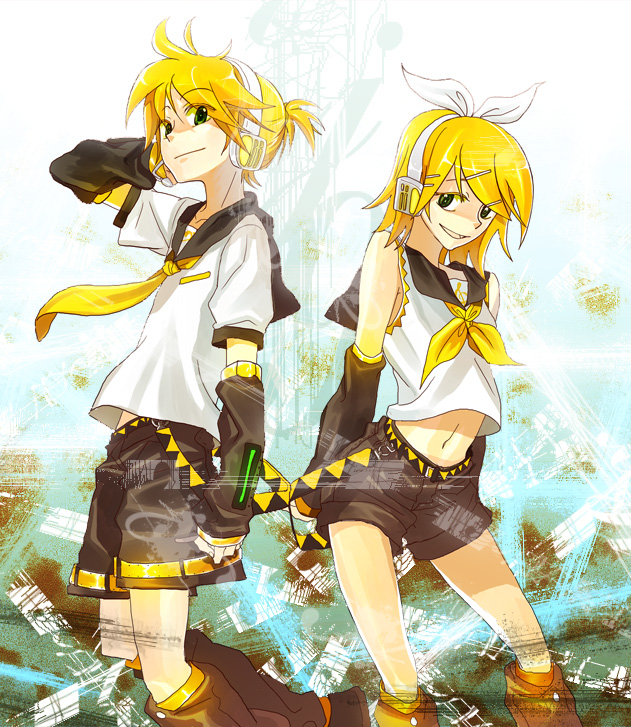 msmoderato, kagamine len, kagamine rin, vocaloid, bad id, bad pixiv id, 1boy, 1girl, aqua eyes, blonde hair, brother and sister, hair ornament, hair ribbon, hairclip, headphones, headset, ribbon, short hair, shorts, siblings, smile, twins