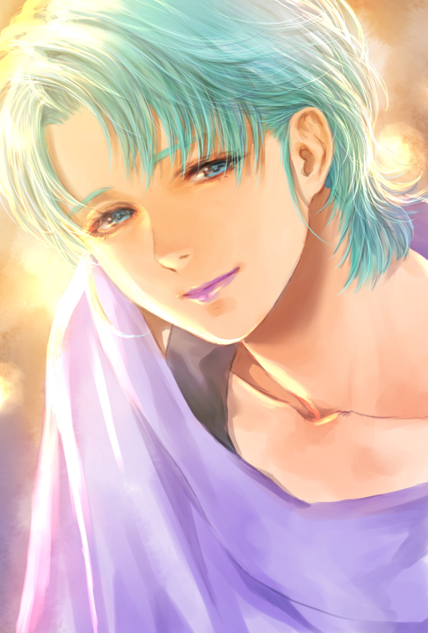 takeda yuuko, four murasame, gundam, zeta gundam, highres, 1girl, blue eyes, close-up, jacket, looking at viewer, purple jacket, purple lips, short hair, smile, solo