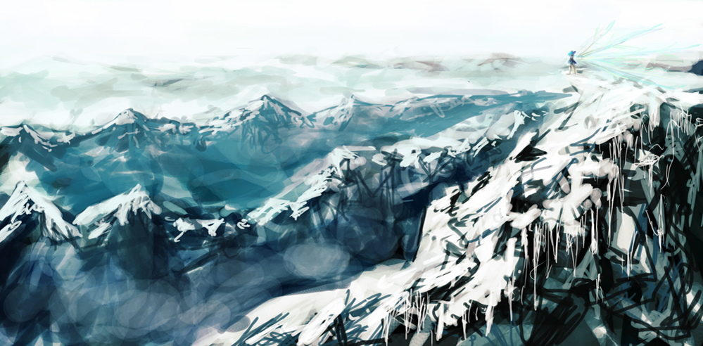 lm7 (op-center), cirno, embodiment of scarlet devil, touhou, bad id, bad pixiv id, landscape, mountain, scenery, snow, solo, sunlight, wings