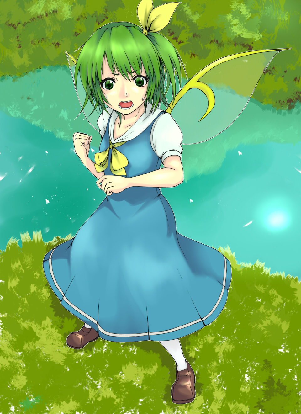 amabato, daiyousei, embodiment of scarlet devil, touhou, highres, 1girl, female focus, full body, green eyes, green hair, matching hair/eyes, nature, outdoors, plant, ponytail, short hair, side ponytail, solo, wings