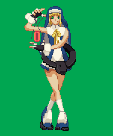 bridget (guilty gear), guilty gear, guilty gear xx, lowres, 1boy, ankle boots, arm up, bare arms, bare shoulders, black gloves, blonde hair, blue boots, blue veil, blue vest, boots, closed mouth, crossed legs, doyagao, fingerless gloves, full body, gloves, green background, green eyes, guimpe, kneehighs, looking at viewer, meme, neck ribbon, object belt, open hands, oversized object, pixel art, ribbon, shinto (pixiv768501), shirt, sidelocks, sleeveless, sleeveless shirt, smirk, smug, socks, solo, standing, straight-on, string, string play spider baby (meme), trap, veil, vest, watson cross, white shirt, white socks, white trim, white wrist cuffs, wrist cuffs, yellow ribbon, yo-yo