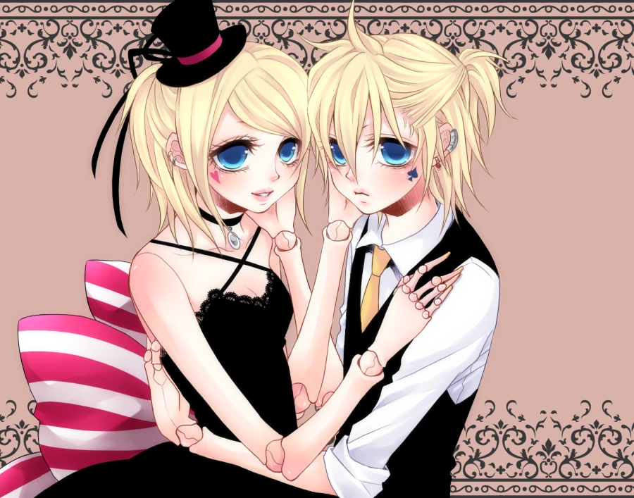 sakuragi mikan, kagamine len, kagamine rin, vocaloid, bad id, bad pixiv id, 1boy, 1girl, aqua eyes, black dress, blonde hair, brother and sister, doll joints, dress, earrings, hat, heart, jewelry, joints, mini hat, mini top hat, necktie, short hair, siblings, smile, spade, top hat, twins, yellow necktie