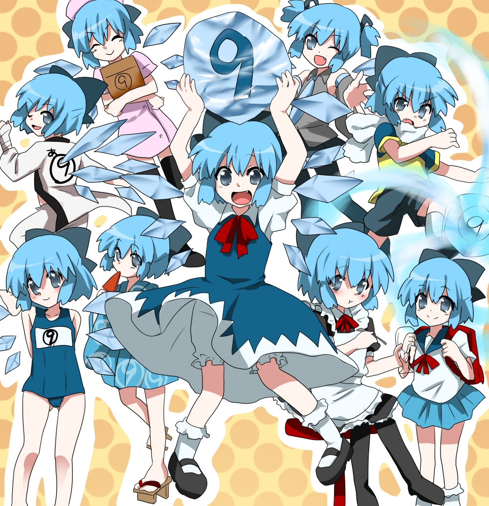 marimo danshaku, cirno, fubuki shirou, hatsune miku, sagara sanosuke, inazuma eleven, inazuma eleven (series), rurouni kenshin, touhou, vocaloid, black footwear, black legwear, white legwear, bad id, bad pixiv id, 6+girls, alternate costume, backpack, bag, blue hair, bow, circled 9, cosplay, enmaided, fang, fubuki shirou (cosplay), geta, hair bow, hatsune miku (cosplay), ice, japanese clothes, kimono, maid, mary janes, multiple girls, nurse, one-piece swimsuit, pantyhose, pun, raglan sleeves, raimon, raimon soccer uniform, sailor collar, scarf, school swimsuit, school uniform, serafuku, shoes, short hair, shorts, soccer uniform, socks, sportswear, swimsuit, thighhighs, uniform number, wings, yukata