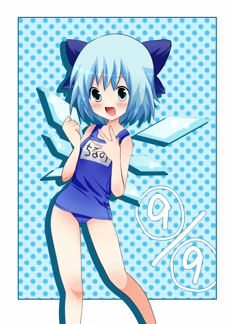 oshiruko (tsume), cirno, touhou, bad id, bad pixiv id, 1girl, :d, blue hair, bow, child, female focus, hair bow, no nose, one-piece swimsuit, open mouth, polka dot, polka dot background, school swimsuit, short hair, smile, solo, swimsuit, wings