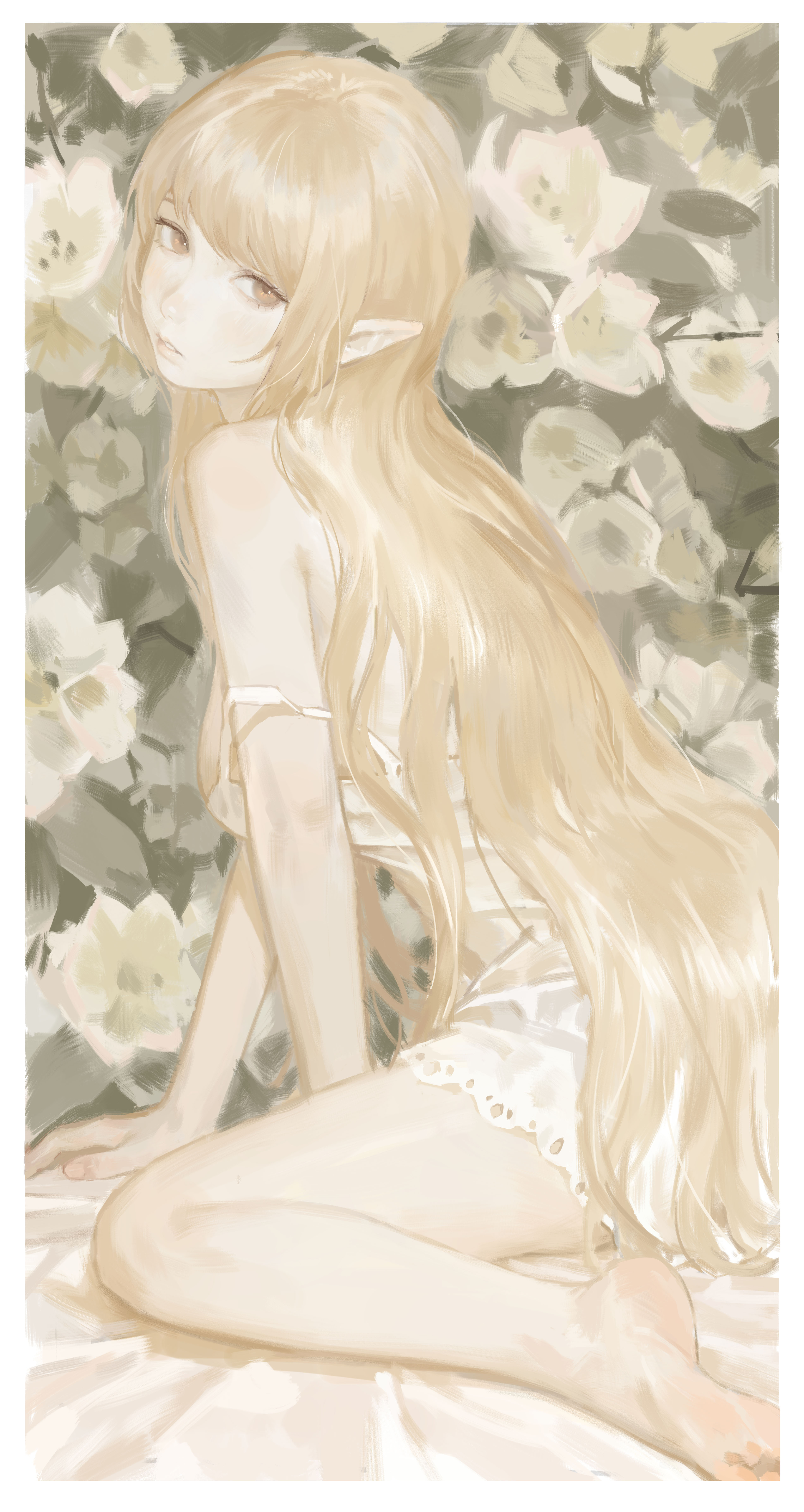 solipsist, kiss-shot acerola-orion heart-under-blade, kiss-shot acerola-orion heart-under-blade (young adult), oshino shinobu, kizumonogatari, monogatari (series), absurdres, highres, 1girl, arm between legs, arm support, barefoot, bed sheet, blonde hair, breasts, dress, feet, feet out of frame, fingernails, floral background, flower, from side, full body, lace, lace-trimmed dress, lace trim, large breasts, legs apart, light blush, lips, long hair, looking at viewer, parted lips, pointy ears, short dress, sidelocks, sitting, sleeveless, sleeveless dress, soles, solo, strap slip, sundress, very long hair, wariza, white dress, white flower, white mouth, white theme, yellow eyes
